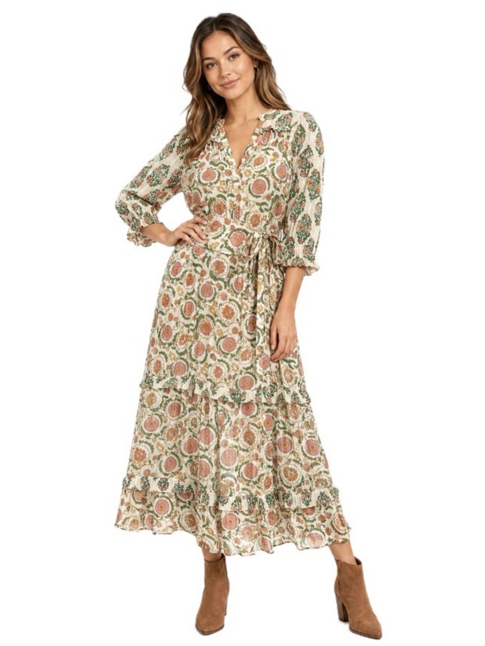 Floral Tiered Maxi Dress with Tie Waist - Cream & Pink